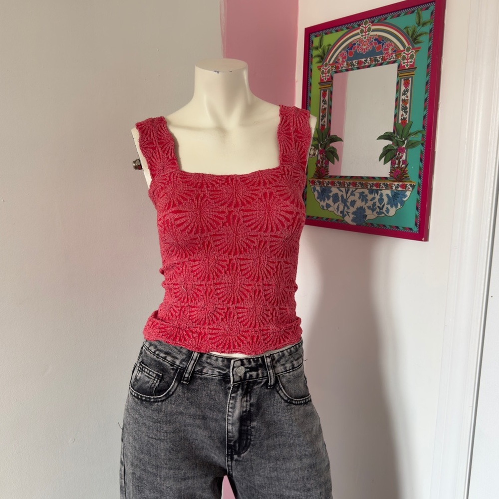 Red Floral Pattern Stretchy Sleeveless Summer Vacation Party Top